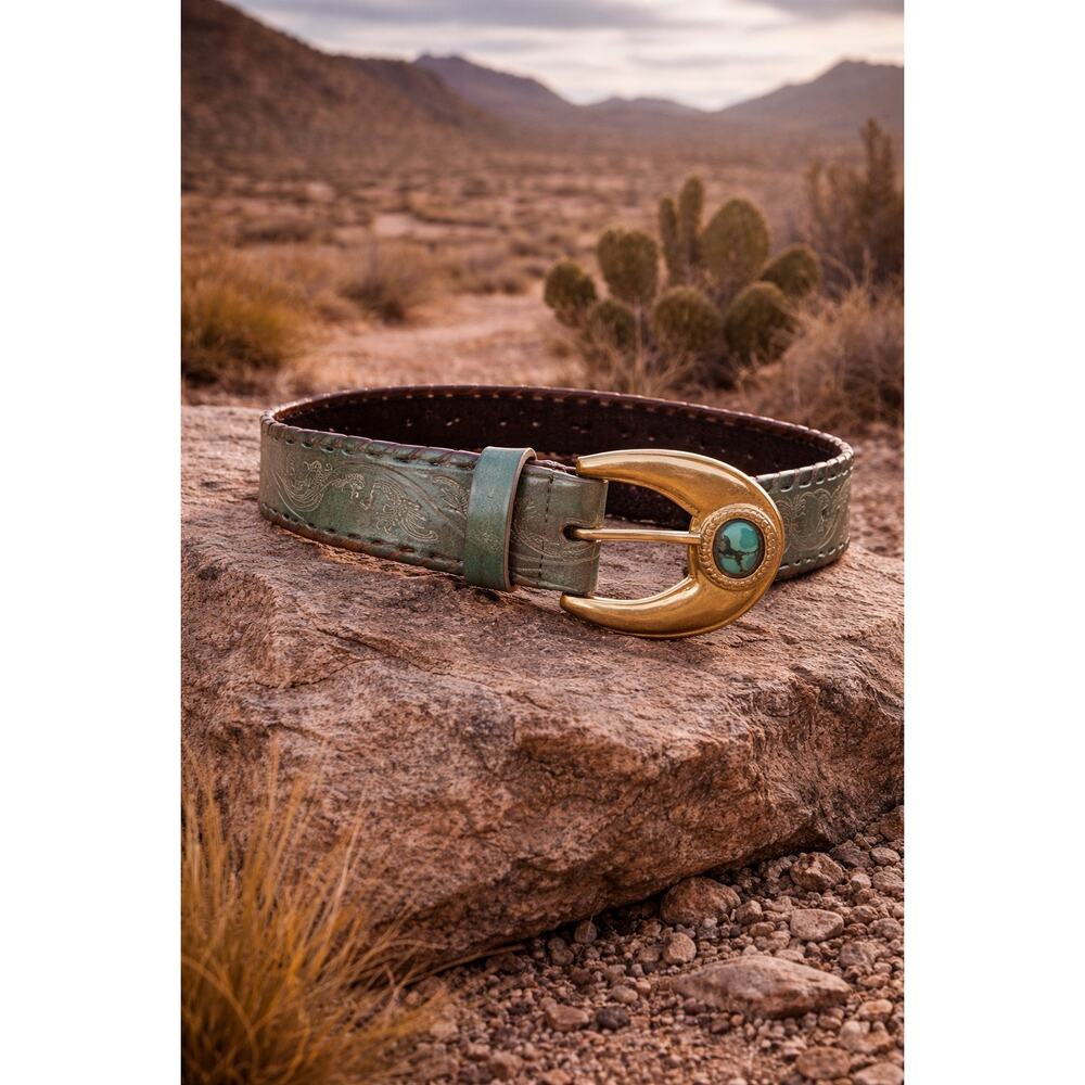 Streets Ahead Leather Belt Turquoise Buckle Western OOAK Vintage